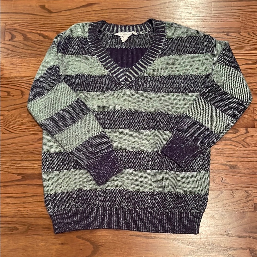 Blue V-Neck Striped Sweater